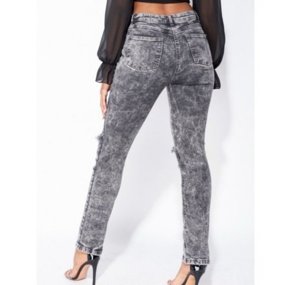 Gray Acid Wash High Waist Ripped Distressed Straight Leg Jeans Denim Pants - Picture 10 of 15